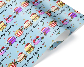Kawaii Christmas Squishy Characters Wrapping Paper, Stay Merry Holiday Gift Wrap, Cute Satin, Sheet or Roll up to 60 ft, Printed in the USA