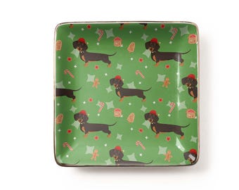 Dachshund Christmas Pattern Jewelry Dish: Playful Festive Cartoon Dog Lovers Gingerbread Candy Canes Green Red Ceramic Tray (3.9 x 3.9 inch)