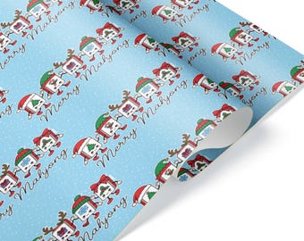 Cute Cartoon Christmas Mahjong Tiles Wrapping Paper, Snowy Winter Holiday Gift Wrap for Game Night Friends