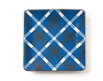 Blue Heritage Plaid Jewelry Dish: Tartan Ceramic Trinket Tray, Classic Desk Decor Gift (3.9 x 3.9 inch)