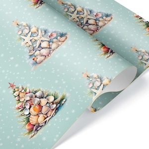 Seashell Christmas Tree Luxury Gift Wrap, Coastal Xmas Thick Wrapping Paper, Tropical Hawaiian Beach Decor