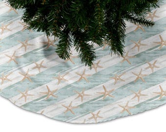 Coastal Christmas Tree Skirt, Indoor Beach Holiday Decoration, Starfish Ocean Theme Home Decor