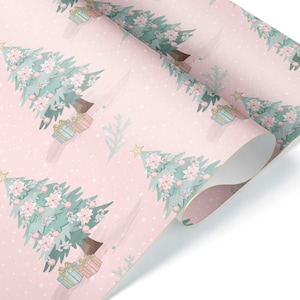 Cute Pastel Christmas Trees Pink Wrapping Paper, Thick Gift Wrap, Pretty Xmas Holiday Winter Party Decor