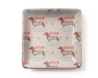 Dachshund Christmas Pun Jewelry Dish: Retro Playful Dog Lovers Pattern, Festive Muted Pastels Ceramic Tray (3.9 x 3.9 inch)