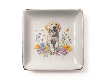 Watercolor Yellow Lab Labrador Retriever Jewelry Dish, Floral Dog Mom Ceramic Trinket Tray, Pet Lover Gift (3.9 x 3.9 inch)