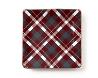 Maroon Plaid Jewelry Dish: Classic Tartan Ceramic Trinket Tray, Cozy Winter Holiday Gift, Vanity Decor (3.9 x 3.9 inch)
