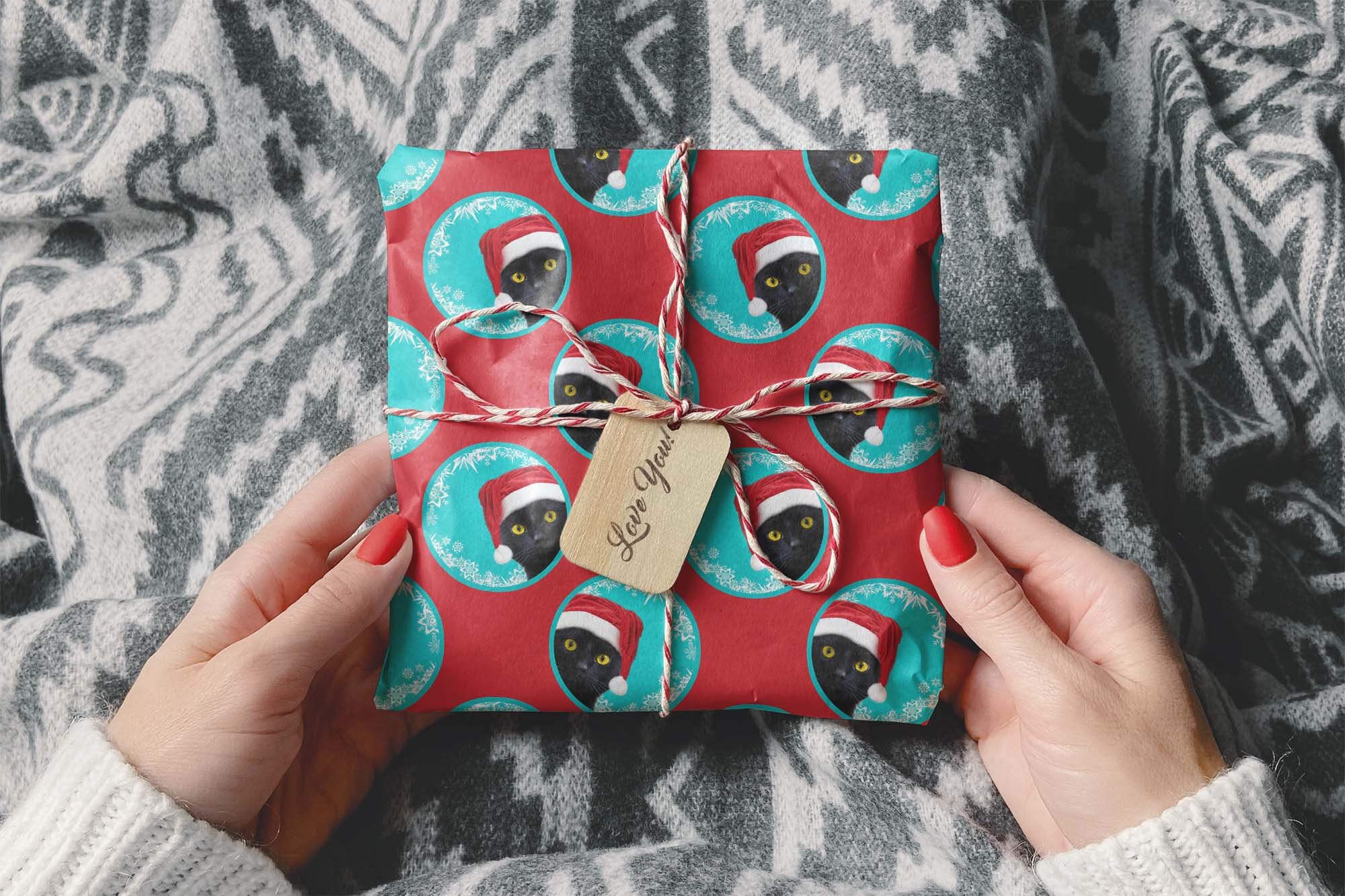 Funny Black Cat Christmas Wrapping Paper, Santa Hat Kitten Gift Wrap, Kitty Holiday X-Mas Present Decoration Decor (One 20 Inch X 30 Inch Sheet - View #4