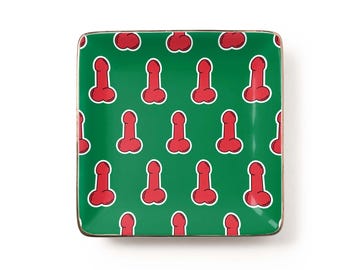 Christmas Cartoon Penis Pattern Jewelry Dish: Green Ceramic Tray, Cheeky White Elephant Secret Santa Gift (3.9 x 3.9 inch)