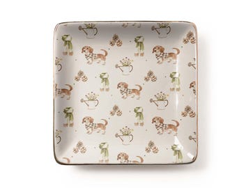Autumn Dachshund Jewelry Dish: Watercolor Pattern, Cozy Rustic Ceramic Tray for Dog Lovers, Earthy Neutrals Olive Green (3.9 x 3.9 inch)