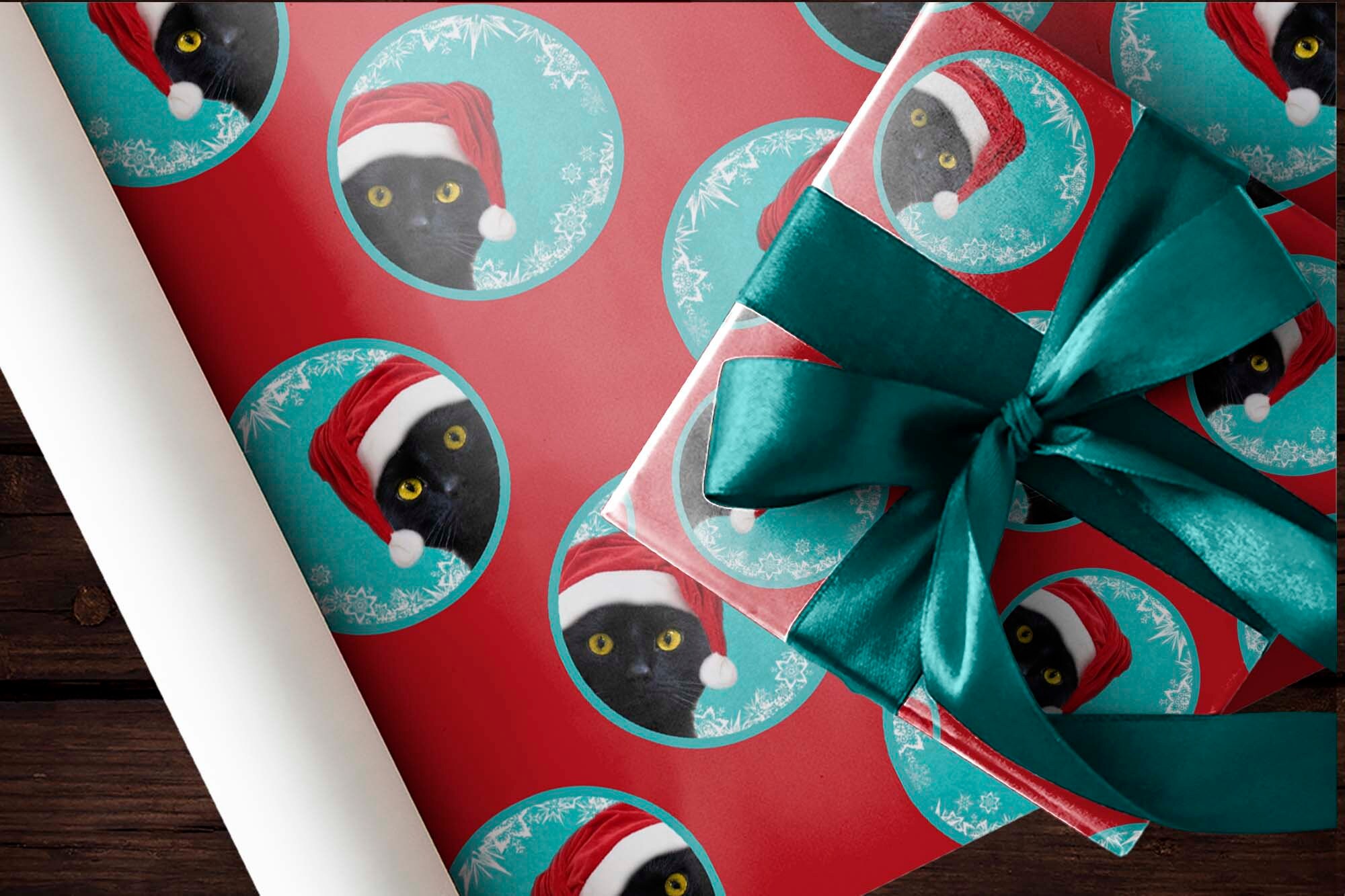 Funny Black Cat Christmas Wrapping Paper, Santa Hat Kitten Gift Wrap, Kitty Holiday X-Mas Present Decoration Decor (One 20 Inch X 30 Inch Sheet - View #6