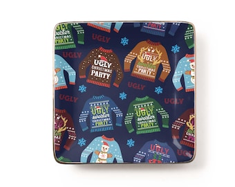 Ugly Christmas Party Jewelry Dish, Funny Sweater Pattern Ceramic Tray (3.9 x 3.9 inch)