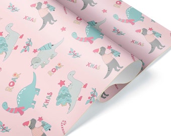 Pink T-Rex Tyrannosaurus Rex Girl Dinosaur Wrapping Paper Sheet Gift Wrap Roll Christmas Present Stocking Stuffer Dino Party Decorations