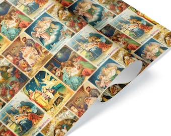 May include: Wrapping paper featuring a repeating pattern of vintage Christmas scenes. Each scene is framed in a diamond shape and depicts religious figures, angels, and the text "Christmas Greetings". The paper has a slight curl.