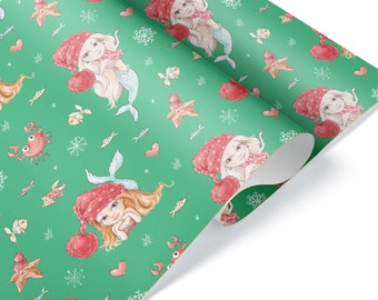 Illustrated Christmas Mermaid Luxury Gift Wrap, Xmas Thick Wrapping Paper, Sea Life Theme Santa Princess Christmas Party Decor
