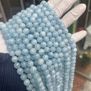 Top Quality Natural Blue Aquamarine Gemstone 4mm 6mm 8mm 10mm 12mm Genuine Birthstone Smooth Round Loose Bead Strand 15.5&quot;
