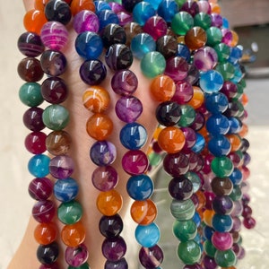 Mix Color Striped Agate Round Beads, Multicolor Rainbow Natural Genuine Gemstone 4mm 6mm 8mm 10mm 12mm, 15.5&quot; One Strand