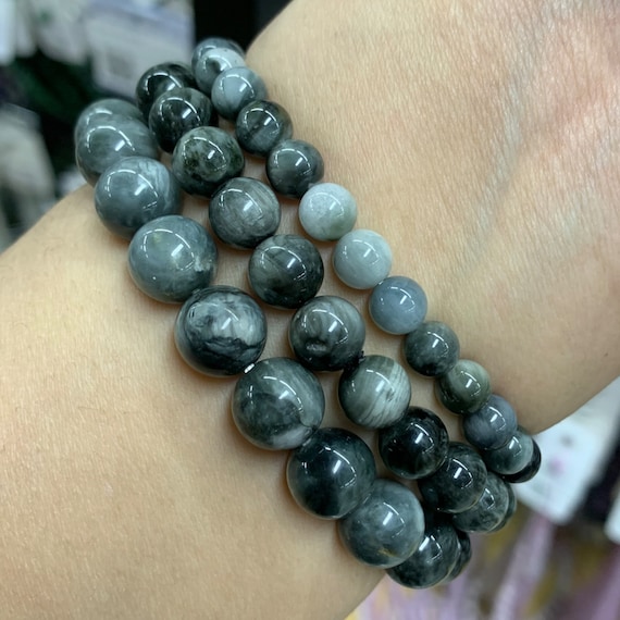 AAA Natural Gray Eagle Eye Stone Bracelet Polished Gemstone Round Smooth Bead 6mm 8mm 10mm 12mm Etsy Canada