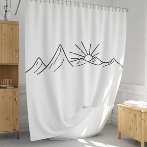 Black and white shower curtain Mountains and sun shower curtain Minimalist print Farmhouse bathroom decor Abstact line art-20