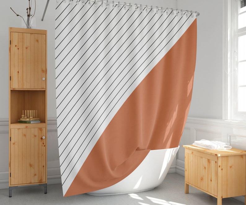 Burnt Orange Shower Curtain Striped Bath Curtain Minimalist Etsy