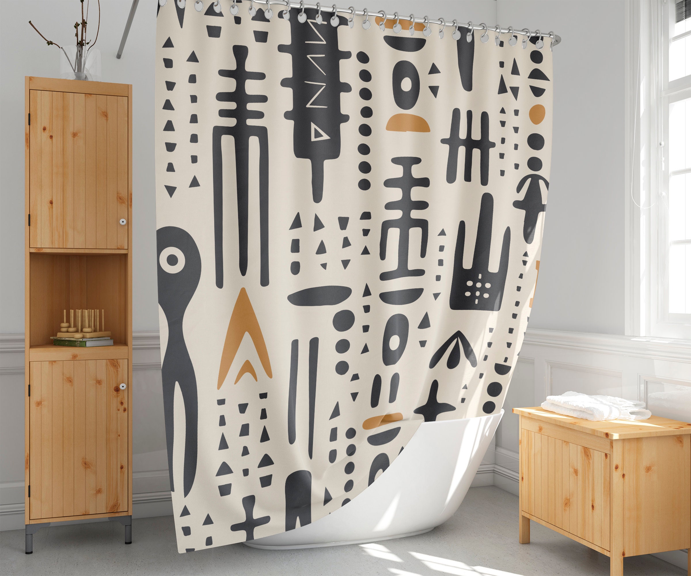 African mudcloth shower curtain, Tribal  bath curtain, Extra long and custom size, Ethnic bathroom decor. Modern-M08