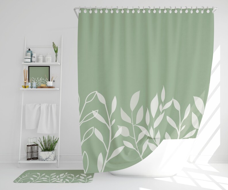 Sage Green Shower Curtain Simple Bath Curtain Leaves Shower Etsy