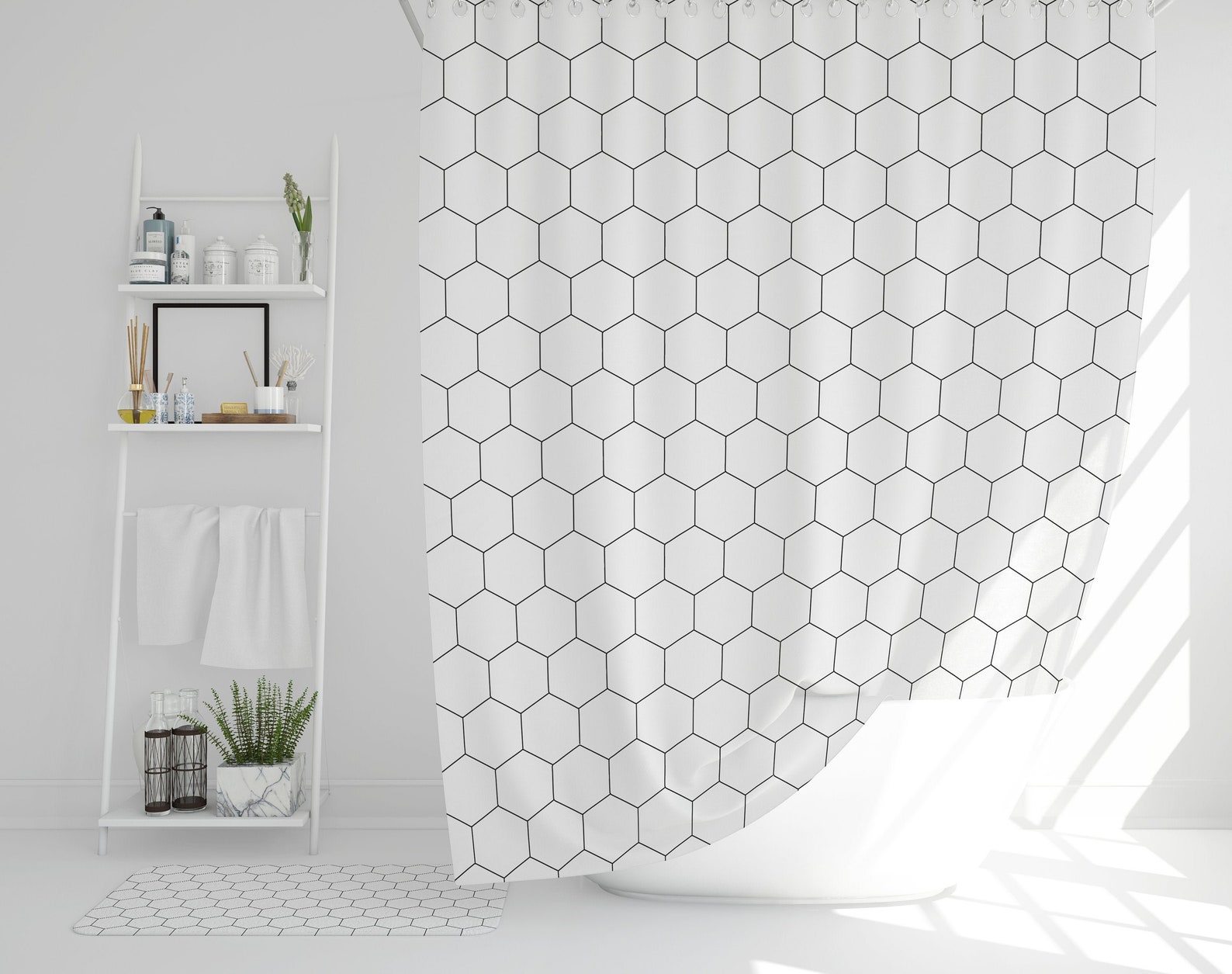 Hexagon Shower Curtain Black and White Bath Curtains Extra Etsy