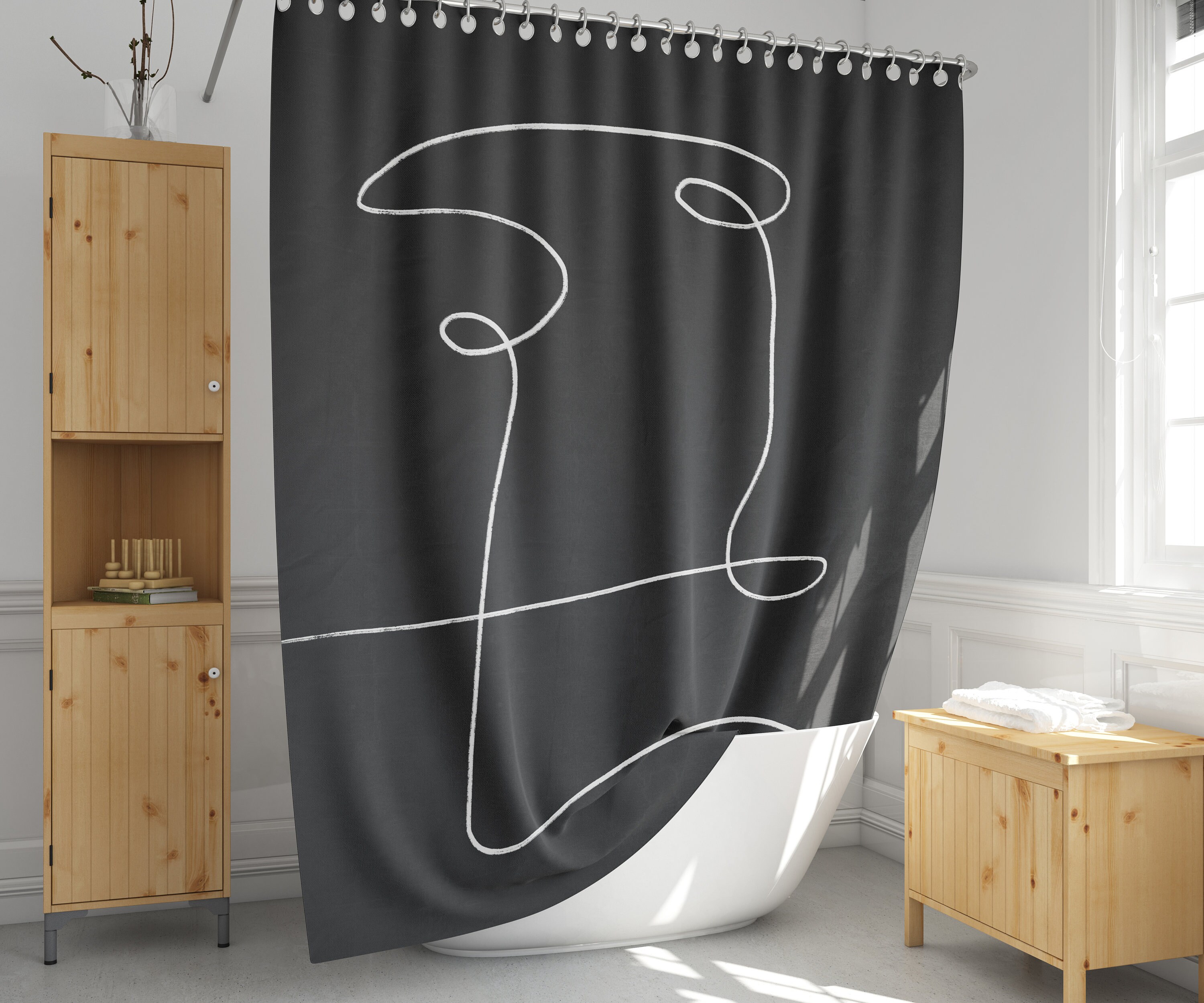Black and White Shower Curtain Abstract Lines Print for Bathroom 