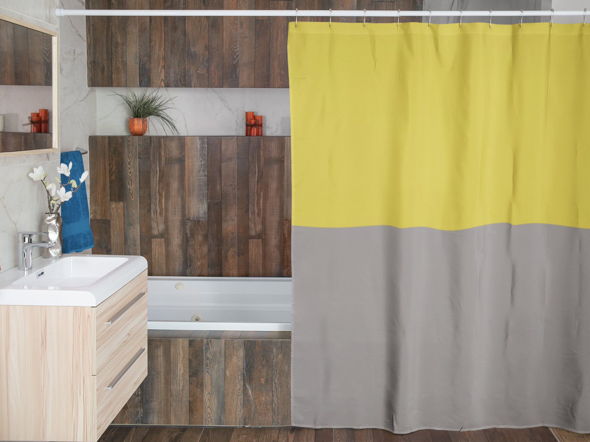 Yellow and grey shower curtain Color blocked shower curtains Etsy