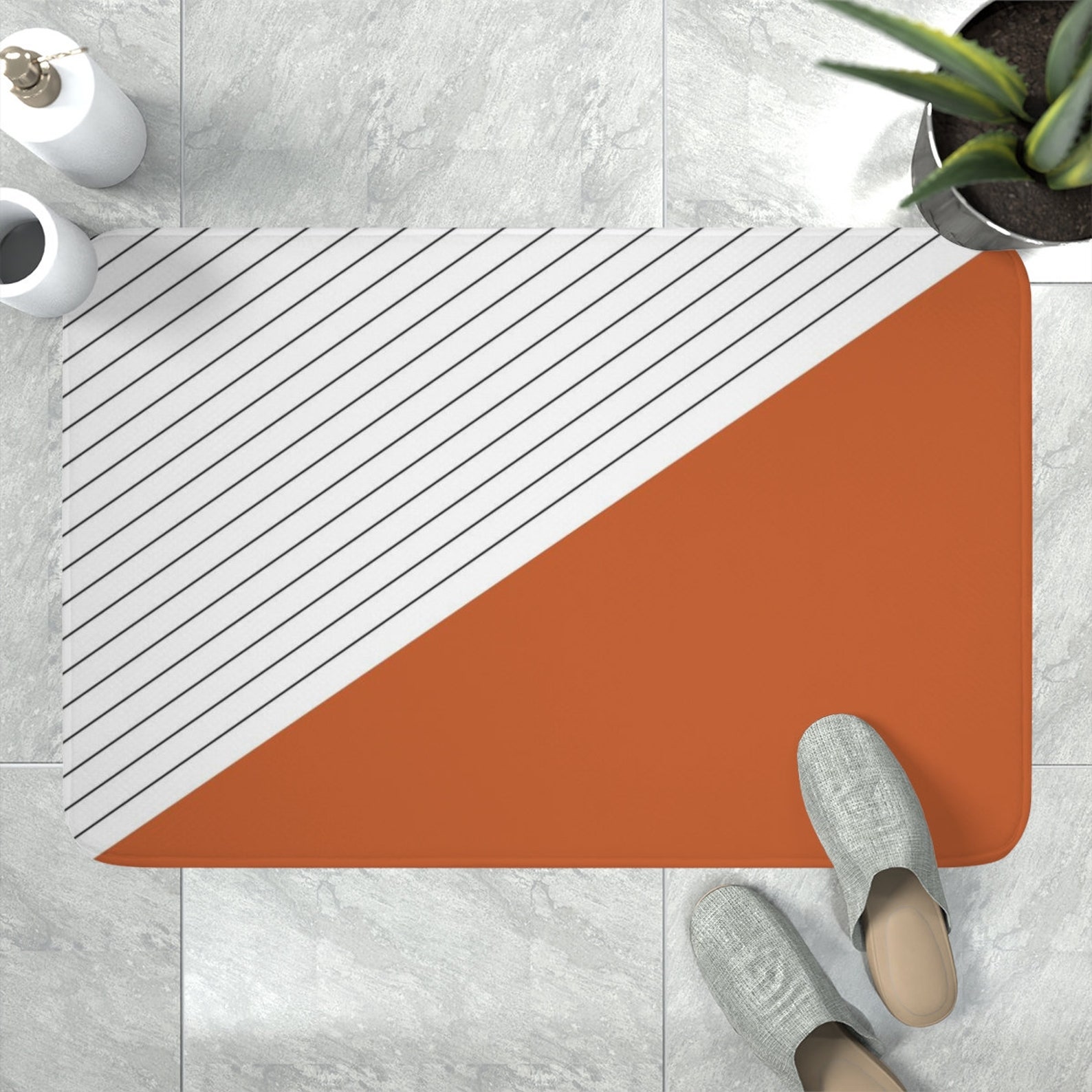 Burnt Orange Bath Mat Gometric Bath Rug Striped and Triangle Etsy