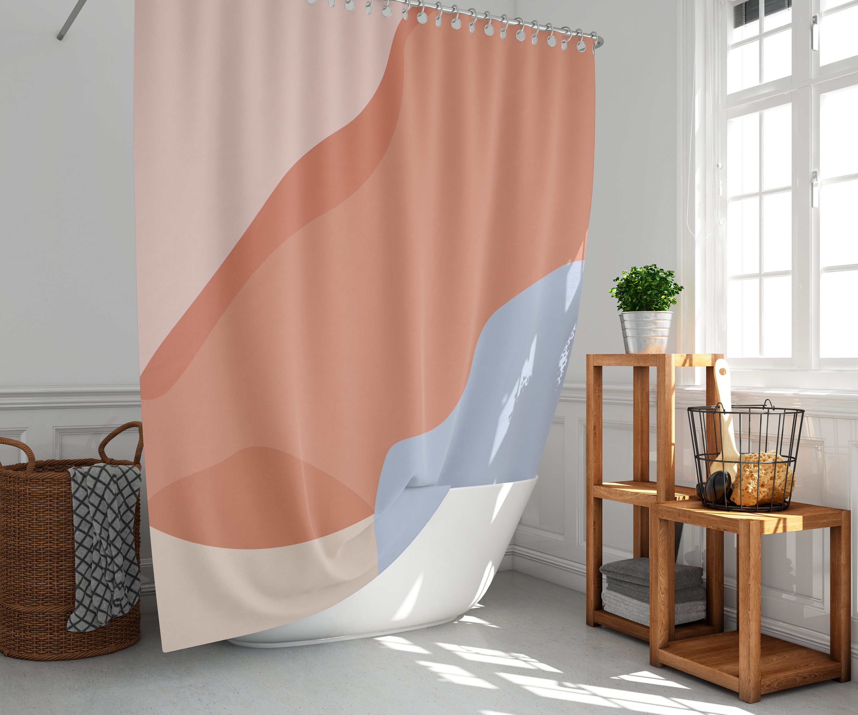 Coral pink and blue shower curtain Color blocked shower Etsy