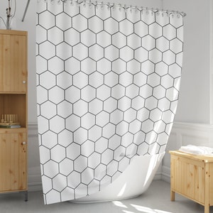 Hexagon shower curtain Black and white bath curtains Extra long and custom size Modern bathroom decor-262