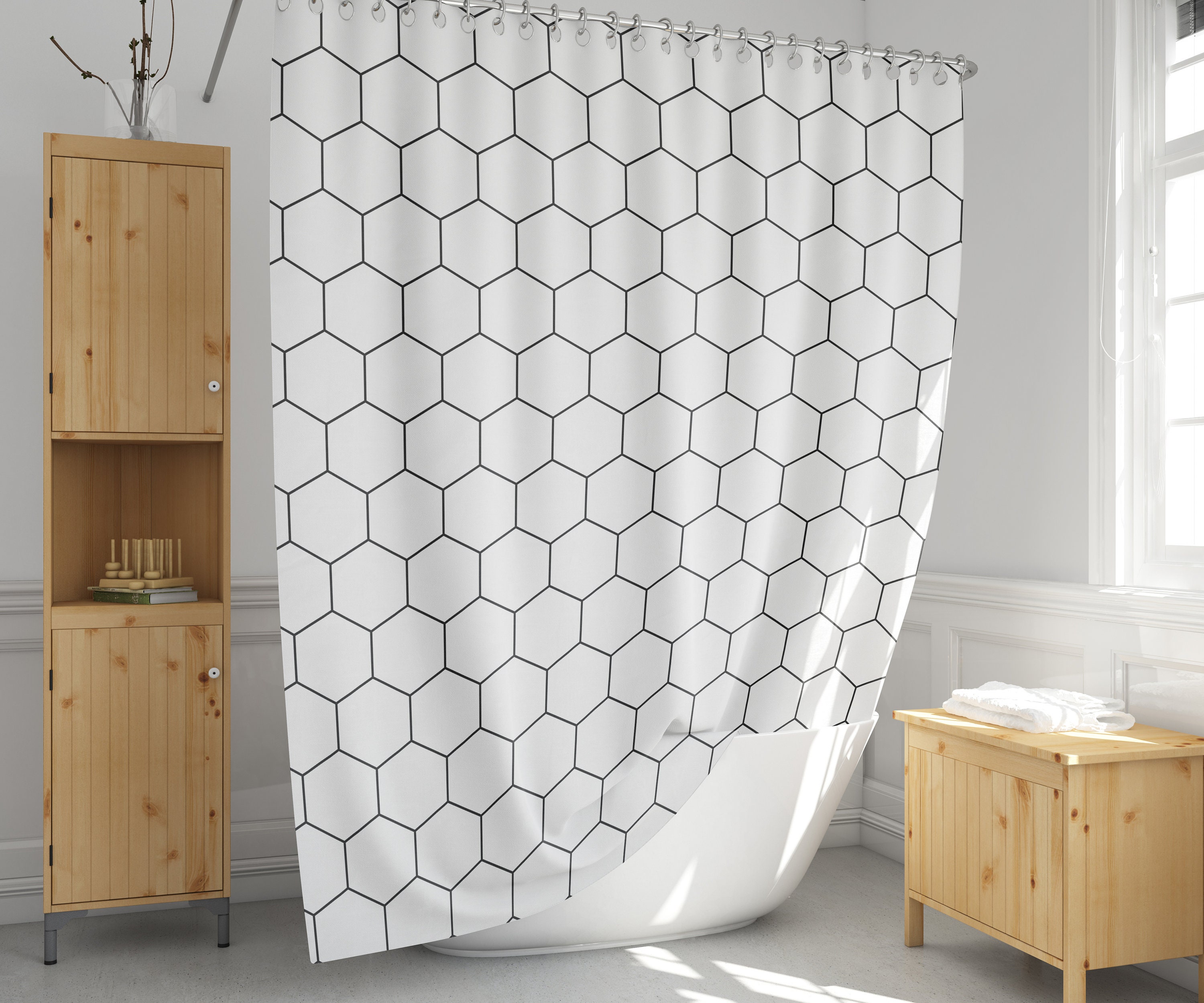 Hexagon Shower Curtain Black and White Bath Curtains Extra Etsy