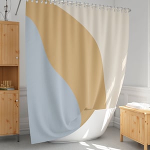 Modern Pastel Shower Curtain: Blue, Beige & Mustard Bathroom Decor