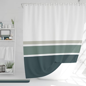 Trendy green tone shower curtain Minimal striped bath curtain Extra long and custom size Modern simple style Waterproof-40