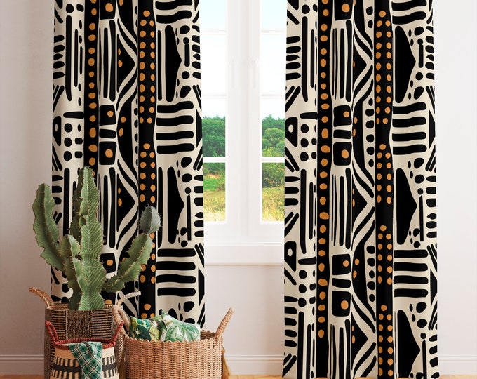 RTS, Already Made, African Mudprint Shower Curtain Mudcloth Beige and