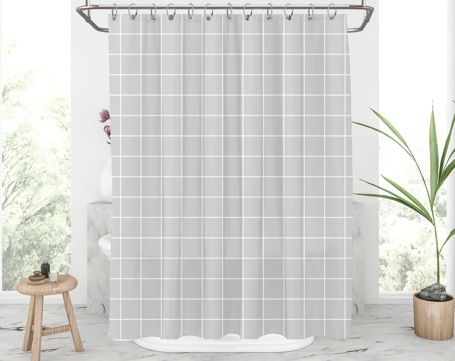 Gray and white shower curtain Grid check shower curtian Etsy