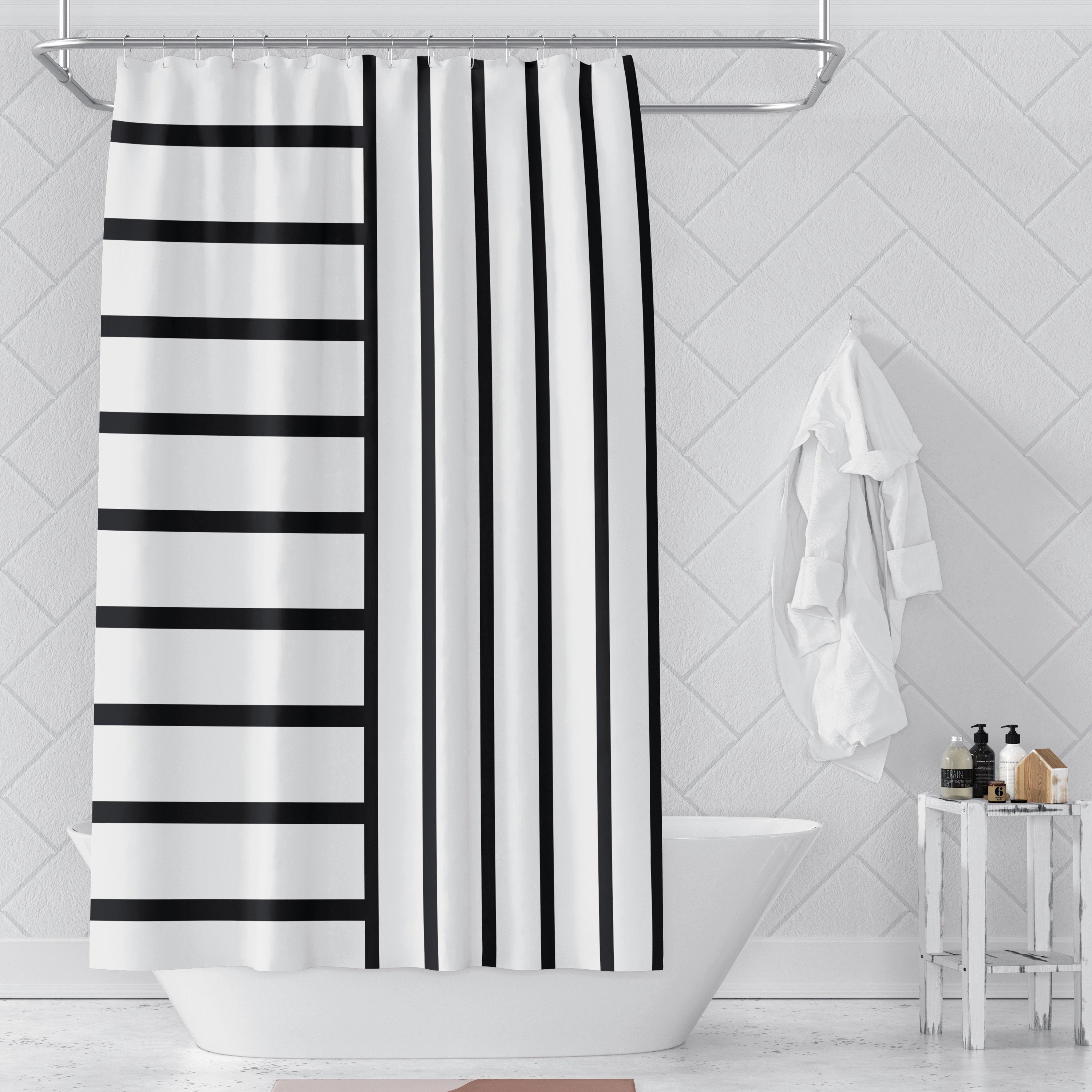 Black and white shower curtain Striped shower curtains Long Etsy