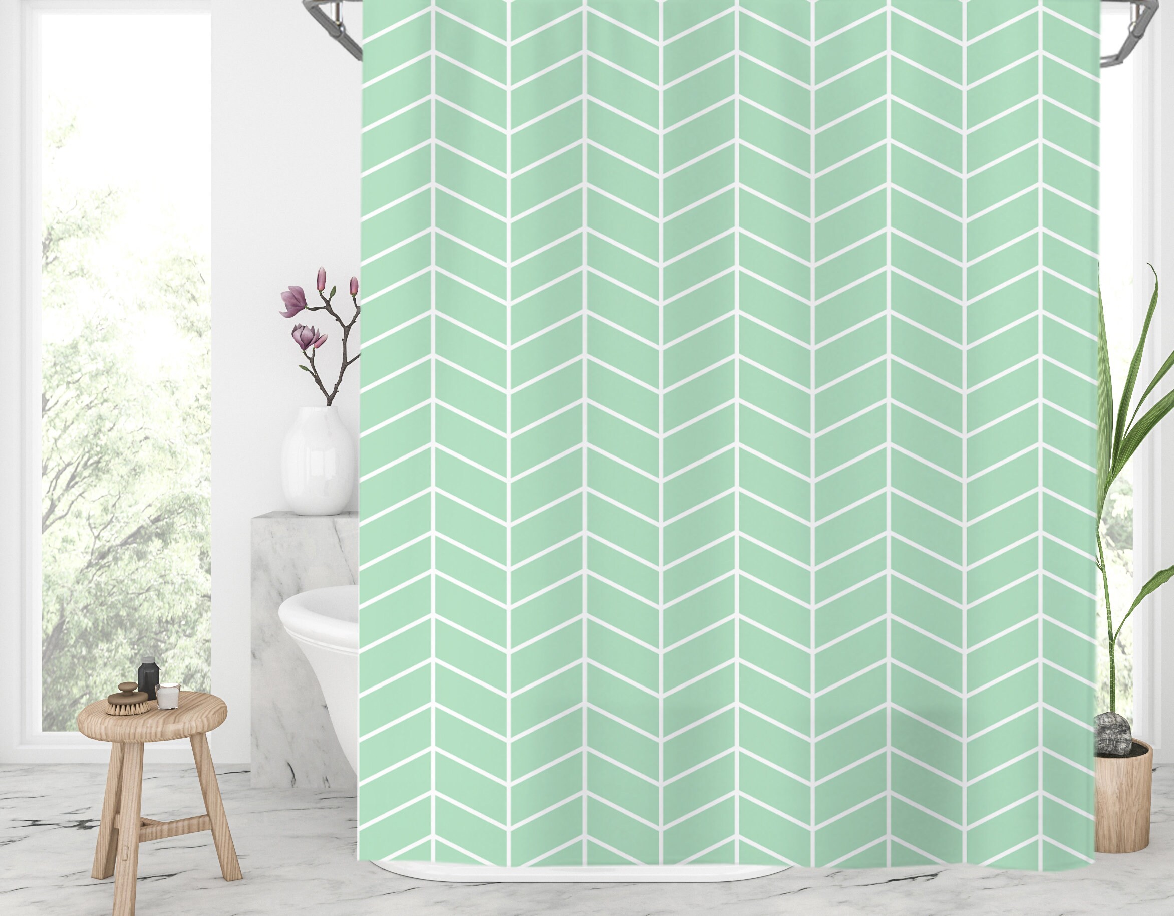 Mint Green shower curtain Herringbone shower curtains Long Etsy