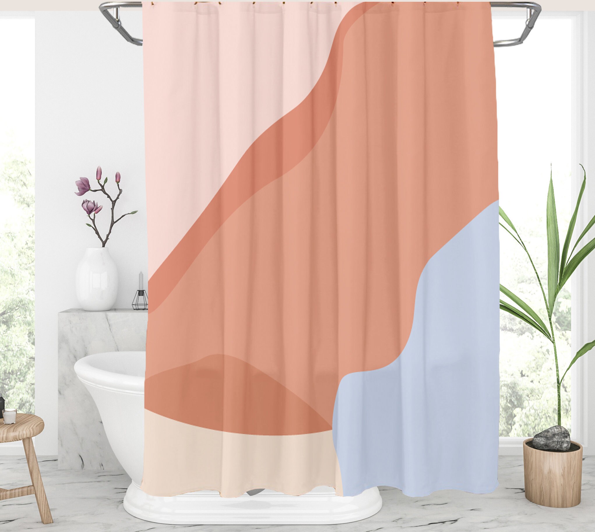 Coral pink and blue shower curtain Color blocked shower Etsy