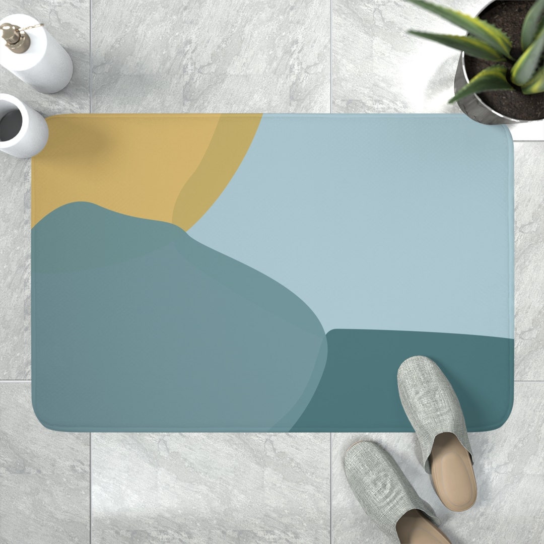 Color Blocked Bath Mat Abstract Art Bath Rug Modern Shower Mat Yellow Blue and Teal Bath Rugs ...
