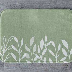 Sage green bath mat Minimalist bath rug Simple bathroom decor Botanical leaves style Housewarming gift idea Bathroom floor mat-45