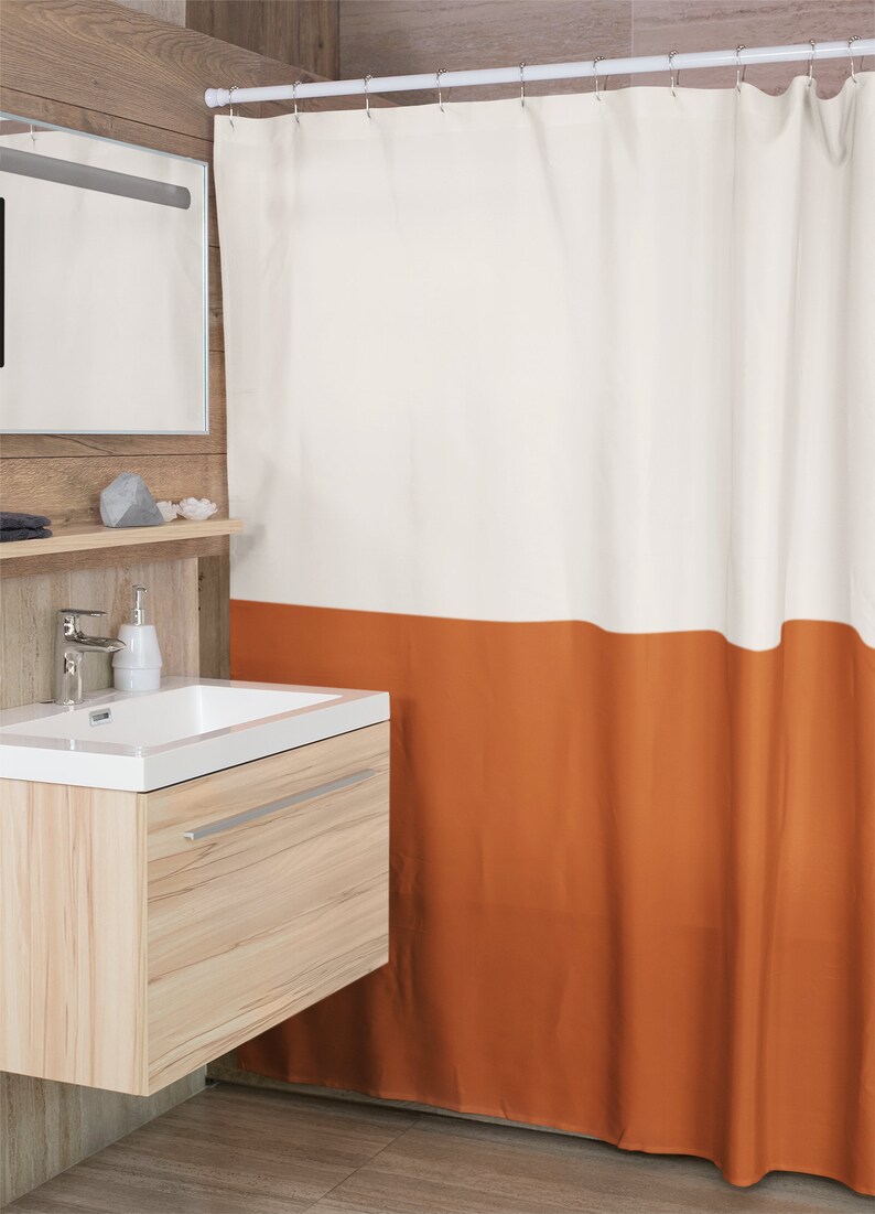 Rideau de douche beige et orange brûlé, rideaux de bain simples, bicolore, taille extra longue et standard, décoration de salle de bain minimaliste, idée cadeau-121 image 4