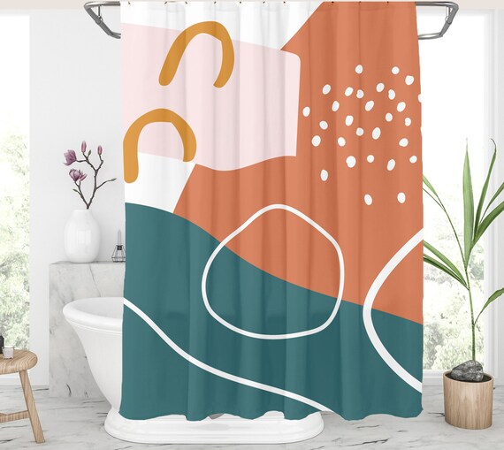 Abstract shower curtain Teal and orange shower curtains Long Etsy
