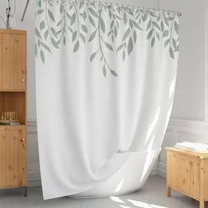 Cortina de ducha con hojas botánicas: decoración de baño rústica