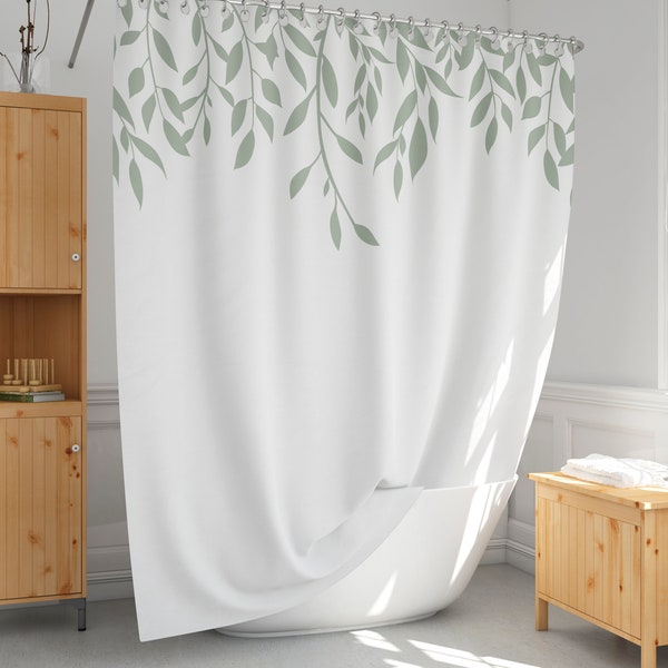 Leaves shower curtain, Botanical shower curtain, Farmhouse style, Simple bathroom decor, Extra long and custom size-113