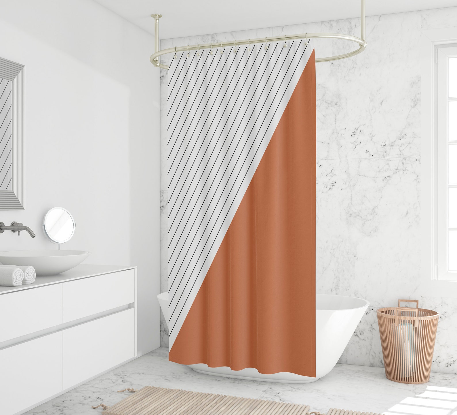 Burnt Orange Shower Curtain Striped Bath Curtain Minimalist Etsy