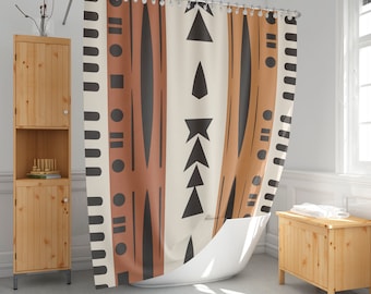Cortina de ducha con estampado de tela de barro africana, cortina de baño étnica, decoración de baño en tono tierra, tamaño extra largo y estándar-64