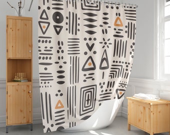 Cortina de ducha con estampado de tela de barro africana, cortina de baño étnica, decoración minimalista del baño, tamaño extra largo y estándar-158