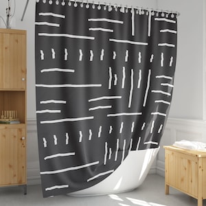 Schwarz-weißer Duschvorhang aus Schlammtuch: Handgezeichnetes minimalistisches Design