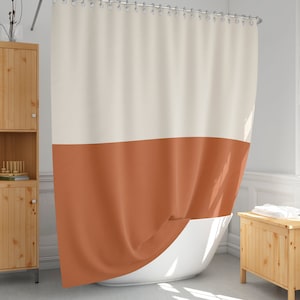 Rideau de douche beige et orange brûlé, rideaux de bain simples, bicolore, taille extra longue et standard, décoration de salle de bain minimaliste, idée cadeau-121 image 1